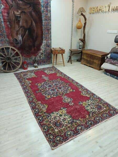 Vintage Distressed Wool Rug, Handmade rug, silk wool/weave, size 141 × 285 cm, from Gördes, SKU 10837