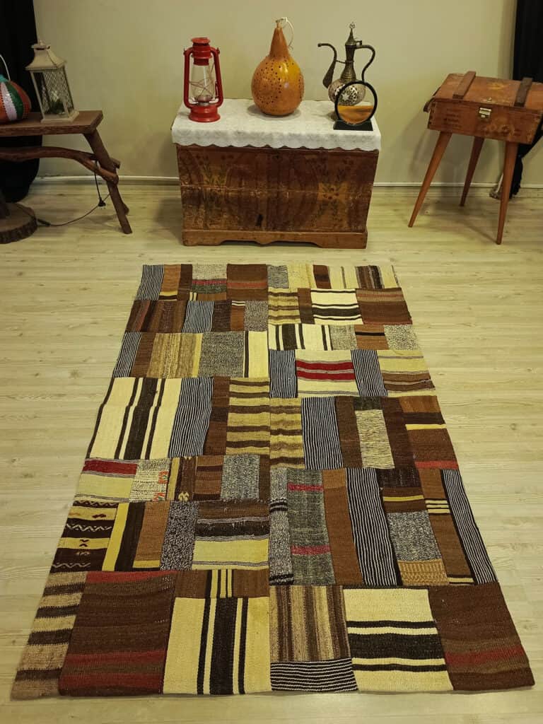 Handwoven Custom-Designed Patchwork Rug, Handmade rug, silk wool/weave, size 116 × 173 cm, from Cappadocia, SKU 6414
