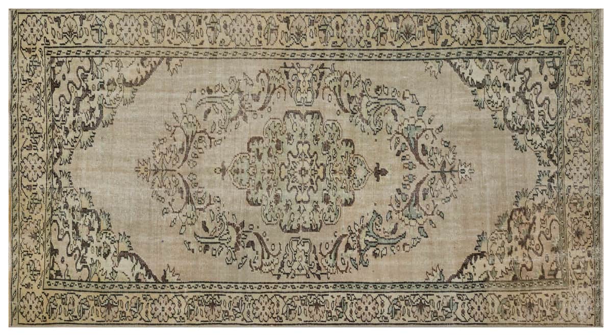 Beige Classic Vintage Hand-Woven Distressed Rug, vintage rug, Handmade, hand-knotted wool, cotton & silk, size 154 × 287 cm, from Isparta
