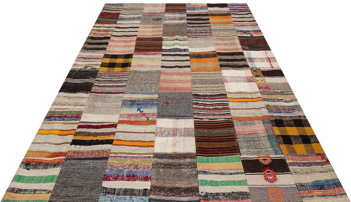 Classic Modern Patchwork Distressed Handwoven Rug, vintage rug, Handmade, hand-knotted silk, size 203 × 303 cm, from Antalya
