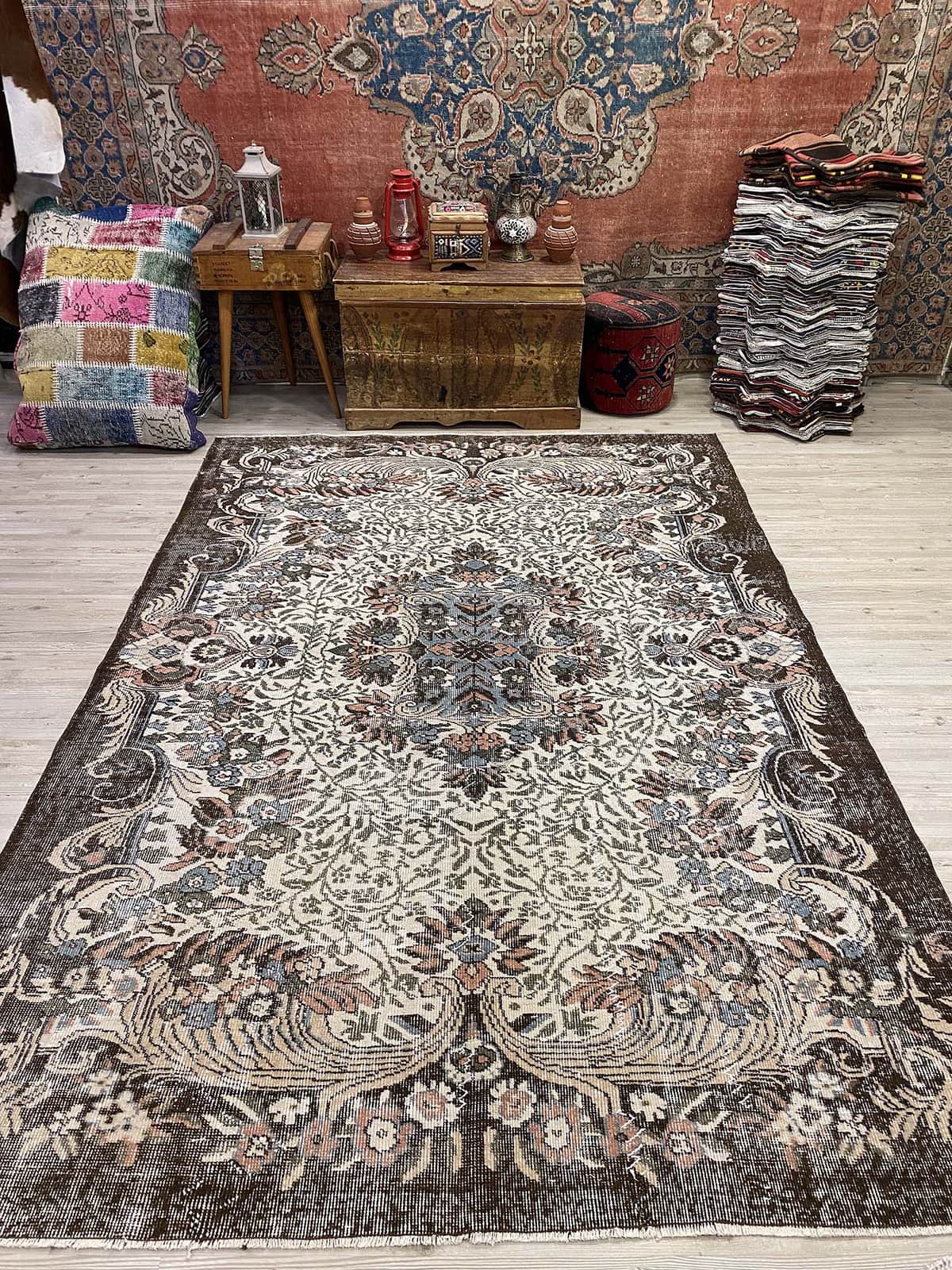 Handmade Distressed Vintage Rug, vintage rug, Handmade, hand-knotted wool & cotton, size 187 × 277 cm, from Isparta