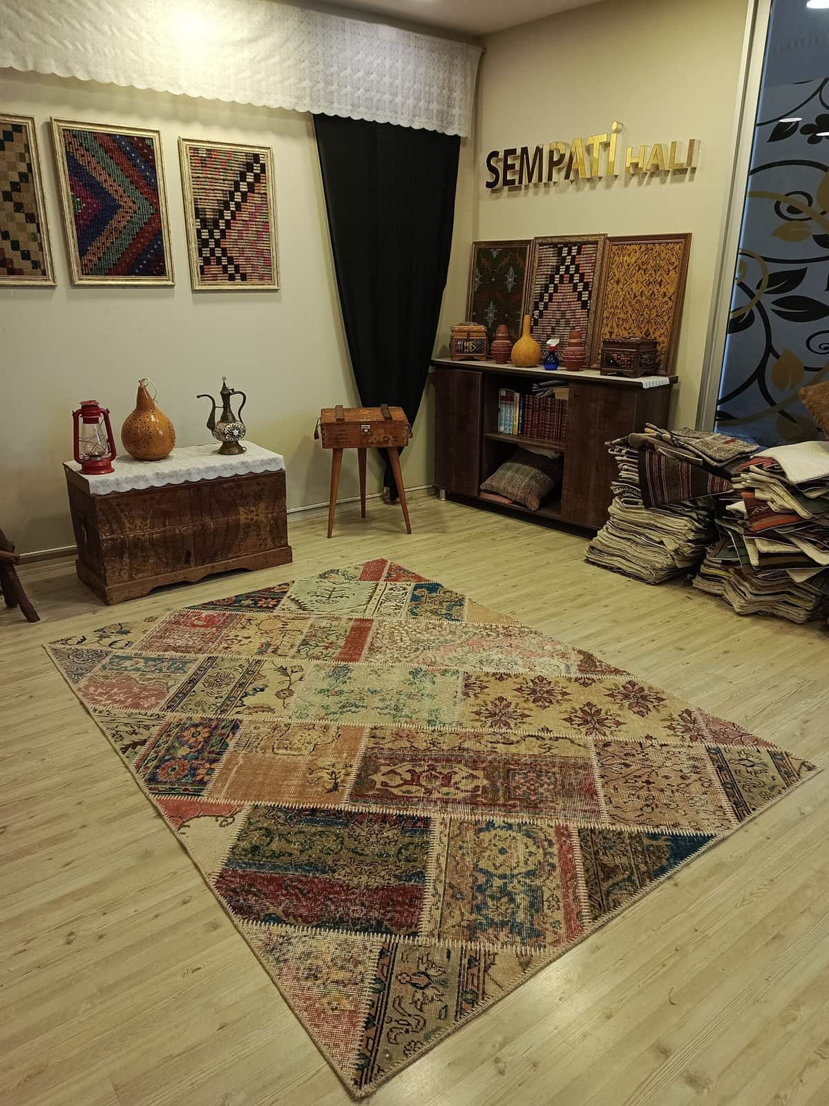 Vintage Hand-Woven Wool Patchwork Rug, vintage rug, Handmade, hand-knotted cotton, size 160 × 221 cm, from Sivas