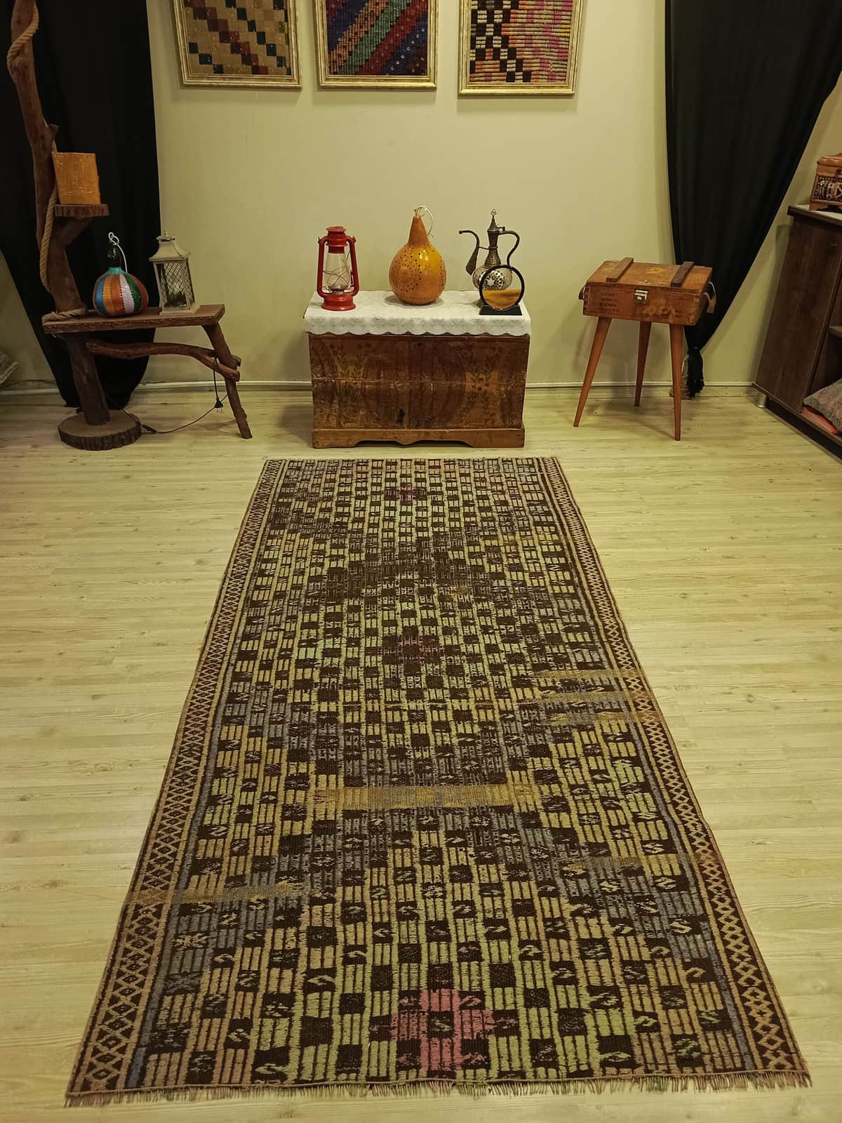 Wool Distressed Patchwork Rug, vintage rug, Handmade, hand-knotted wool, cotton & silk, size 119 × 240 cm, from Gördes