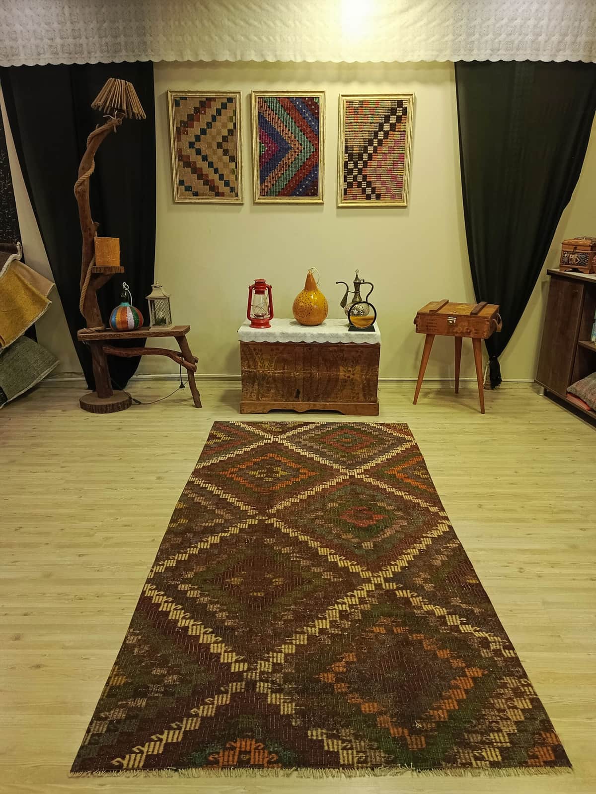 Vintage Hand-Woven Wool Patchwork Rug, vintage rug, Handmade, hand-knotted wool, size 120 × 228 cm, from Kars