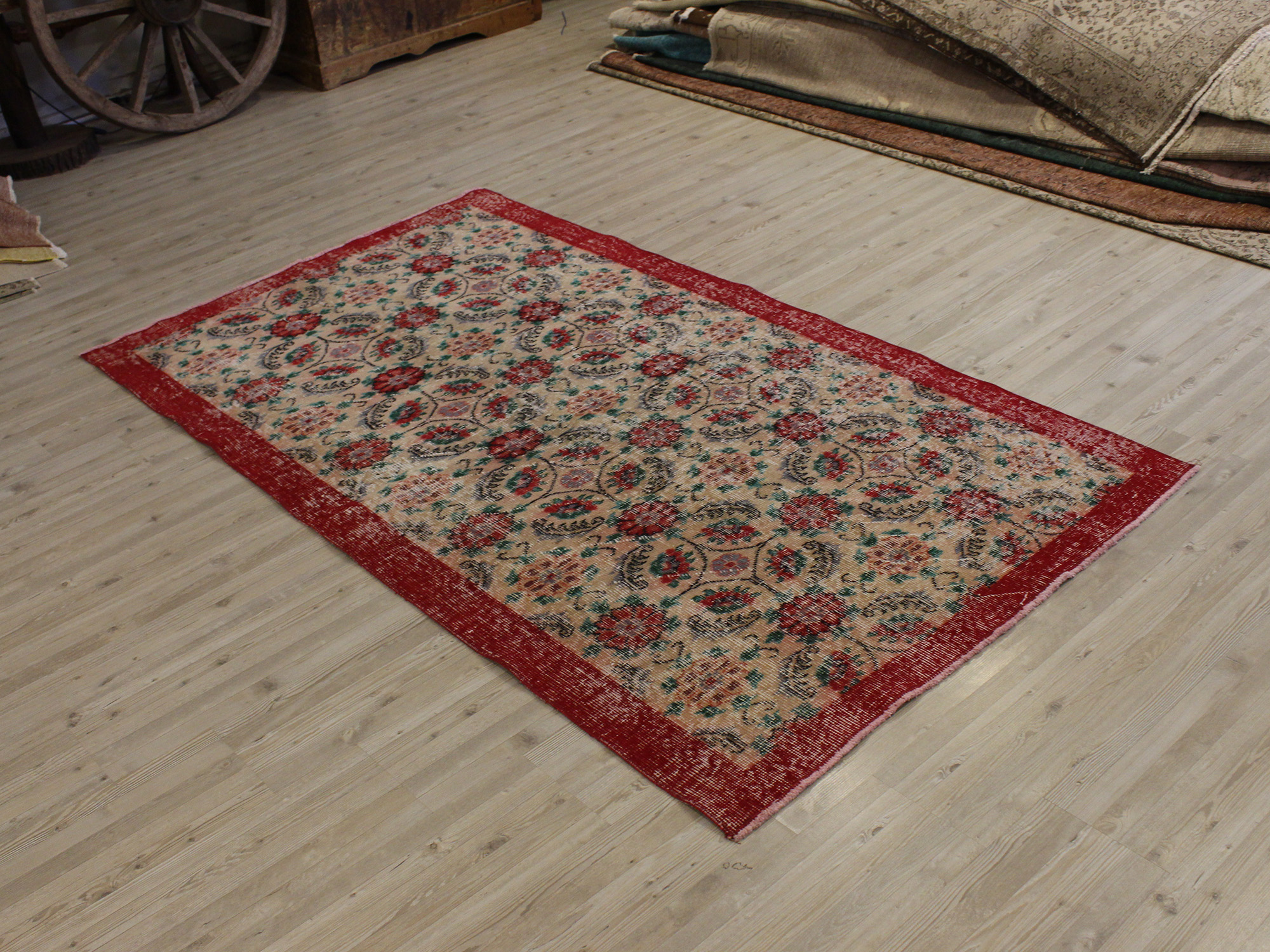 Distressed Vintage Hand-Knotted Rug, vintage rug, Handmade, hand-knotted wool, size 117 × 266 cm, from Konya