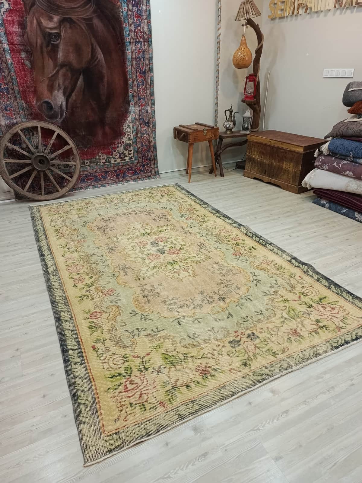 Natural Wool Distressed Vintage Rug, vintage rug, Handmade, hand-knotted wool, size 178 × 302 cm, from Gaziantep