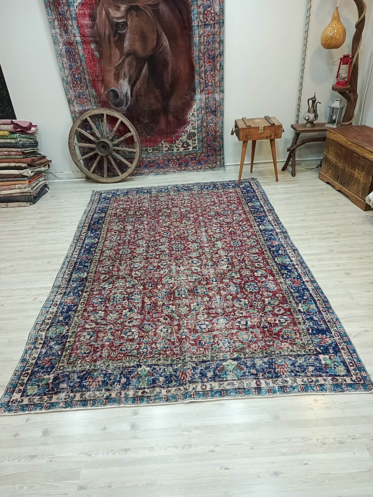 Hand-Woven Distressed Wool Rug, vintage rug, Handmade, hand-knotted wool, size 191 × 289 cm, from Milas