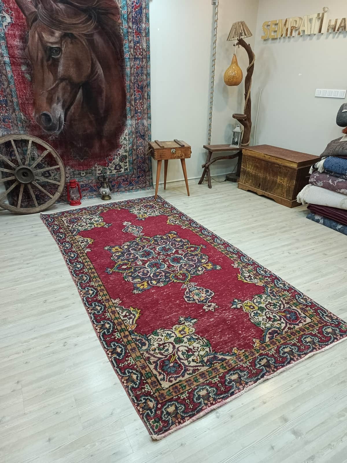 Vintage Distressed Wool Rug, vintage rug, Handmade, hand-knotted silk, size 141 × 285 cm, from Gördes