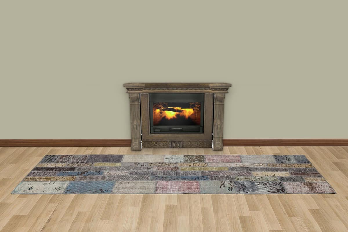 Patchwork-Textured Distressed Rug, vintage rug, Handmade, hand-knotted wool, cotton & silk, size 80 × 300 cm, from Kayseri