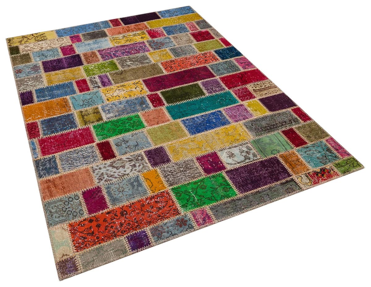 Patchwork-Textured Distressed Rug, vintage rug, Handmade, hand-knotted cotton, size 160 × 220 cm, from Anatolia
