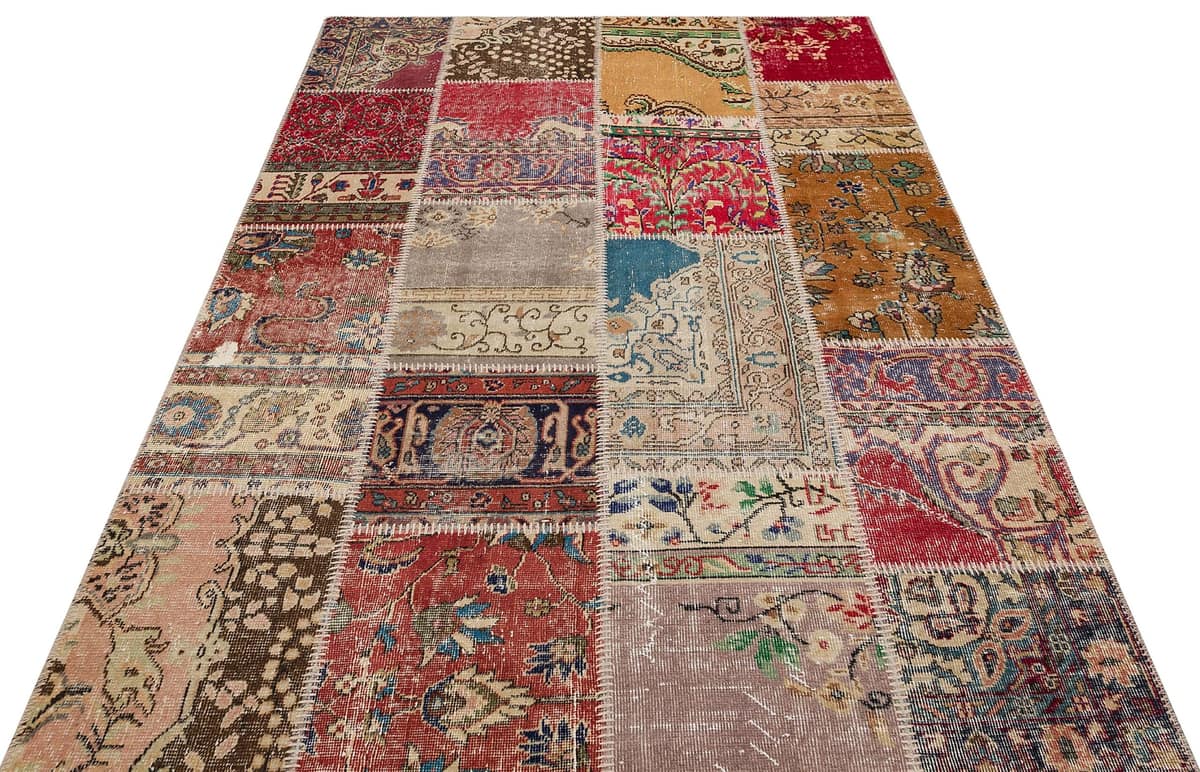 Patchwork-Style Distressed Rug, vintage rug, Handmade, hand-knotted wool, cotton & silk, size 160 × 230 cm, from Ladik