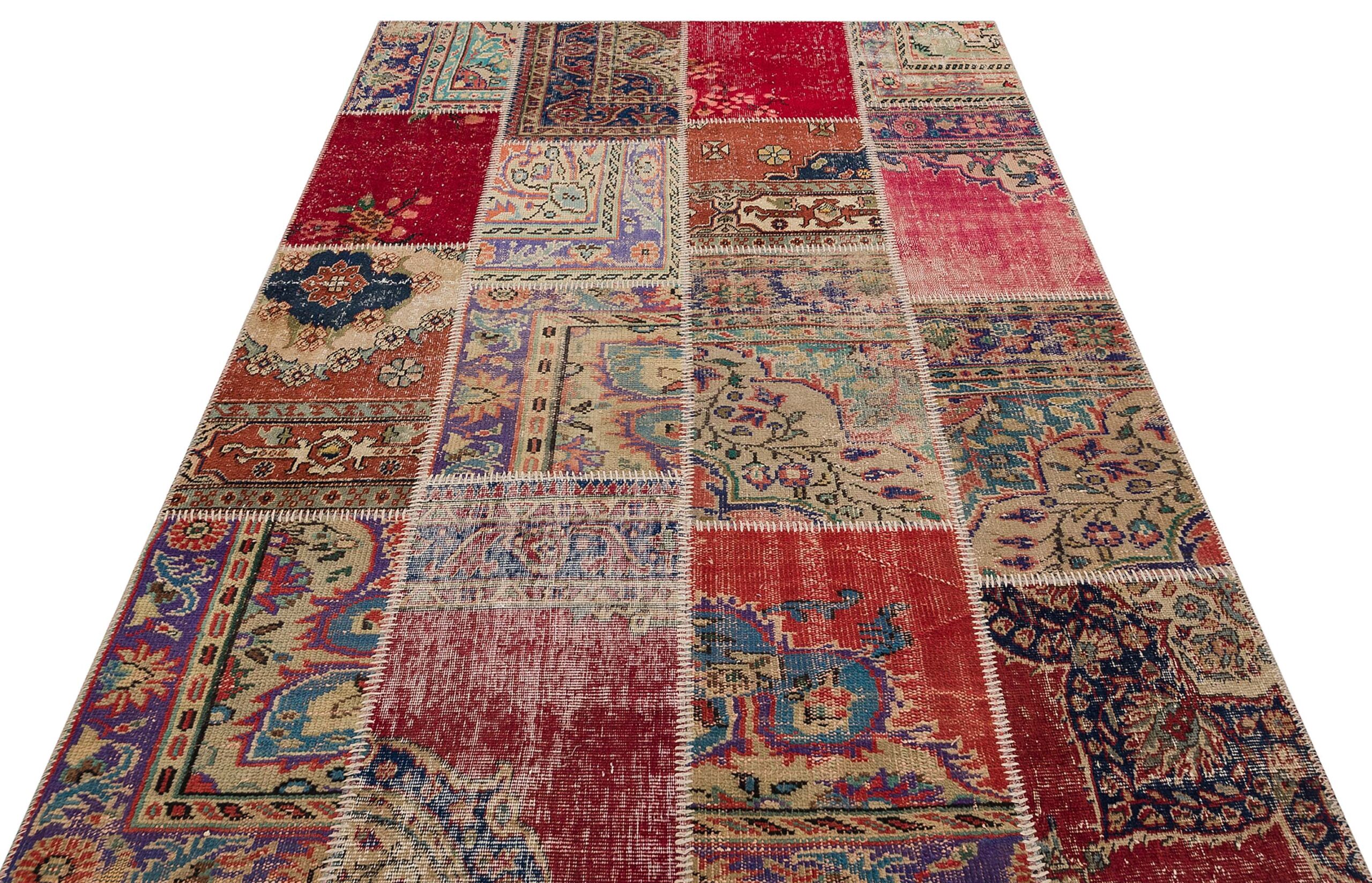 Hand-Woven Wool Patchwork Rug, vintage rug, Handmade, hand-knotted wool & silk, size 160 × 230 cm, from Isparta