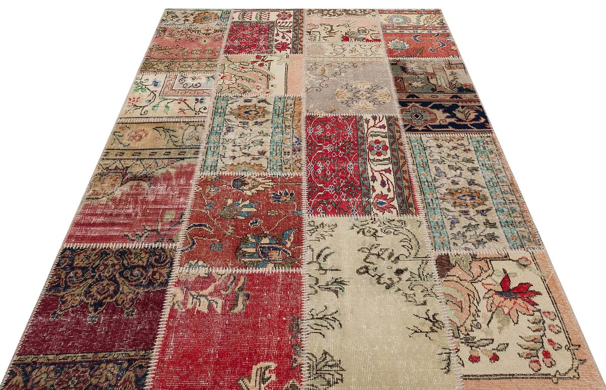 Hand-Woven Wool Patchwork Rug, vintage rug, Handmade, hand-knotted wool & silk, size 160 × 230 cm, from Manisa