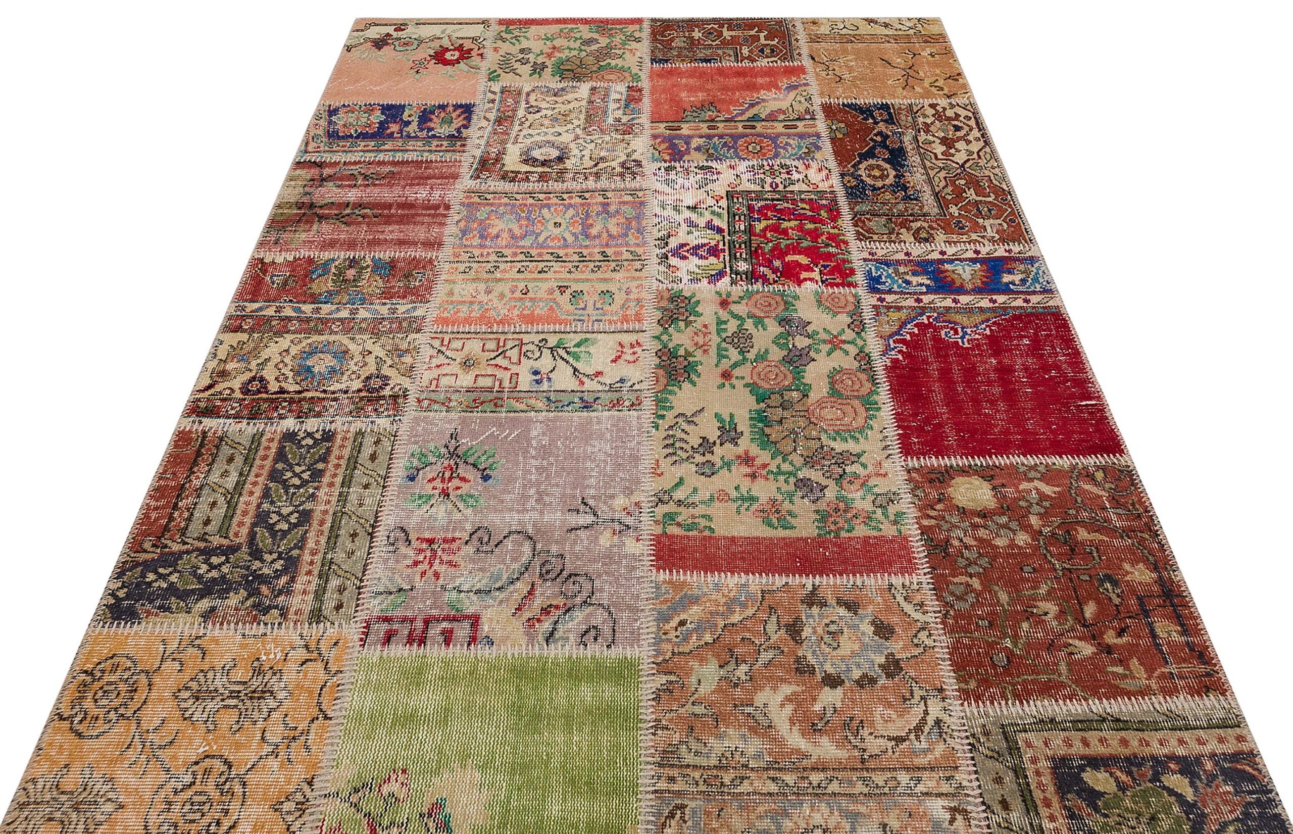 Patchwork-Textured Distressed Rug, vintage rug, Handmade, hand-knotted wool, size 160 × 230 cm, from Isparta