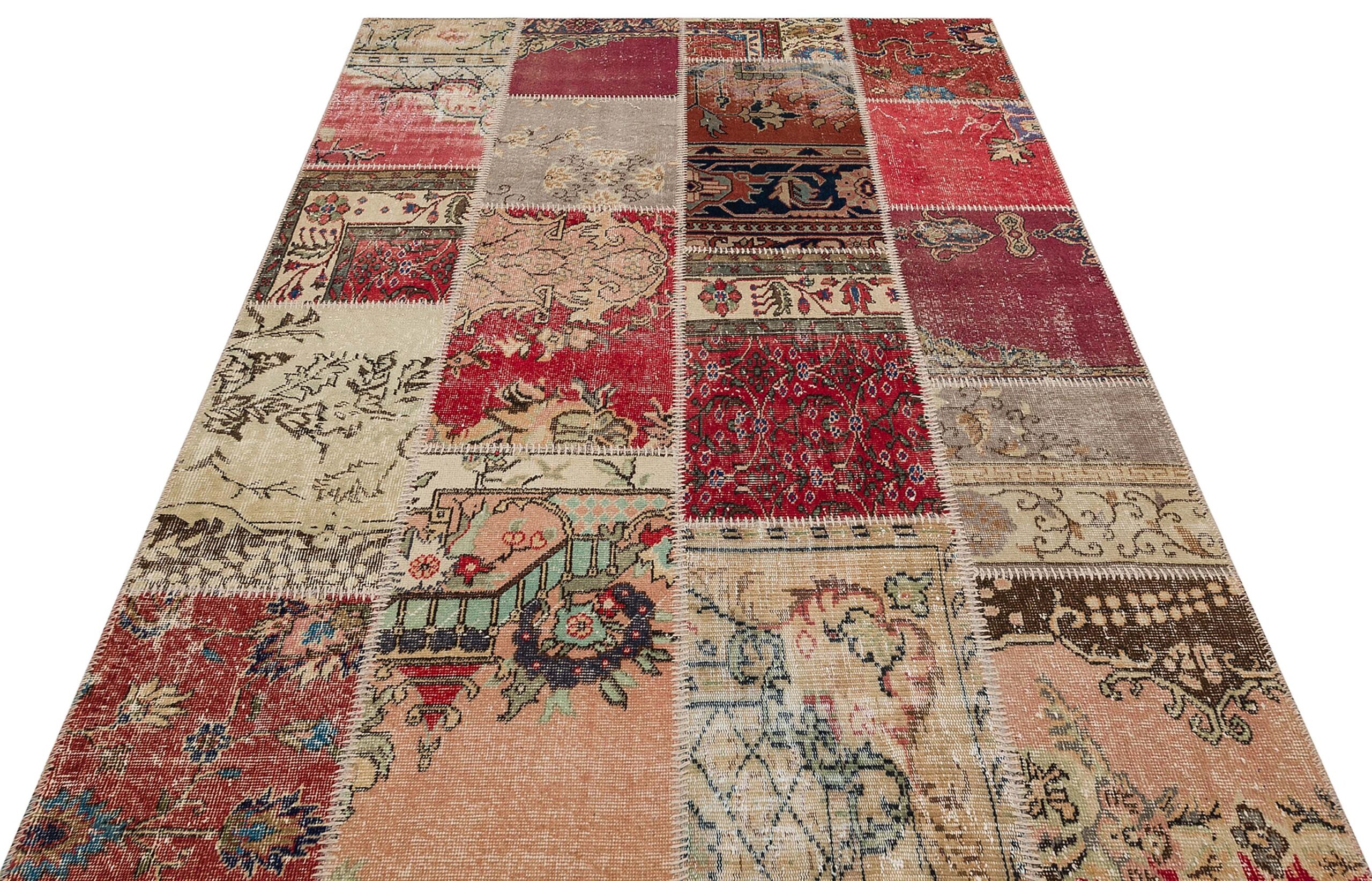 Patchwork-Style Distressed Rug, vintage rug, Handmade, hand-knotted wool, size 160 × 230 cm, from Hereke