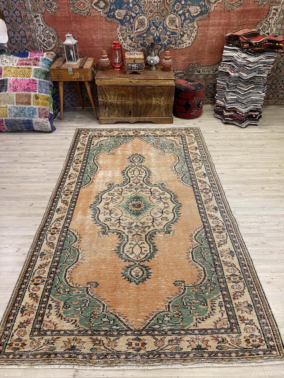 Hand-Woven Distressed Vintage Rug, vintage rug, Handmade, hand-knotted wool, size 157 × 255 cm, from Milas