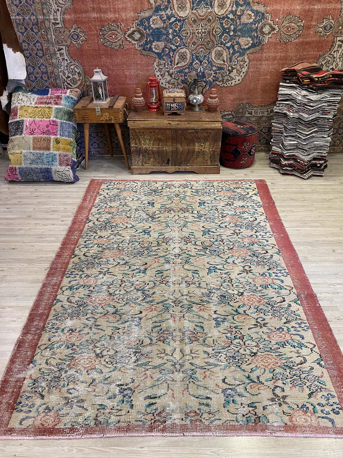 Timeless Turkish Handcrafted Distressed Vintage Rug, vintage rug, Handmade, hand-knotted wool & cotton, size 170 × 240 cm, from Gaziantep