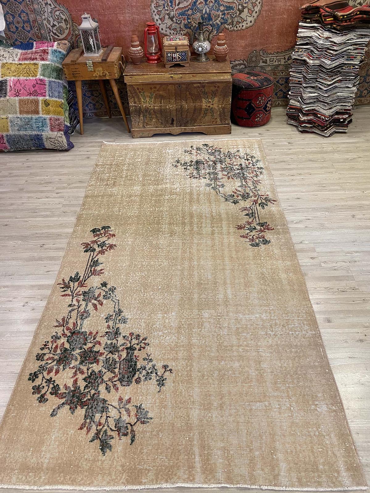 Milas Distressed Vintage Rug, vintage rug, Handmade, hand-knotted wool & cotton, size 140 × 266 cm, from Isparta