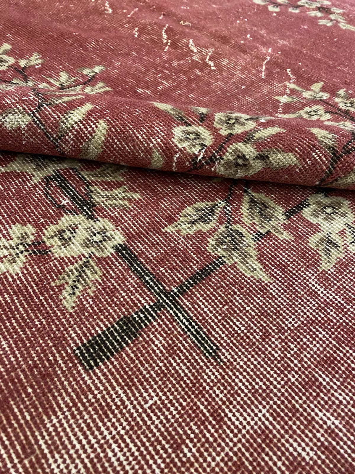 Enchanting Wool Weave Distressed Vintage Rug — detail view 3, handmade vintage rug