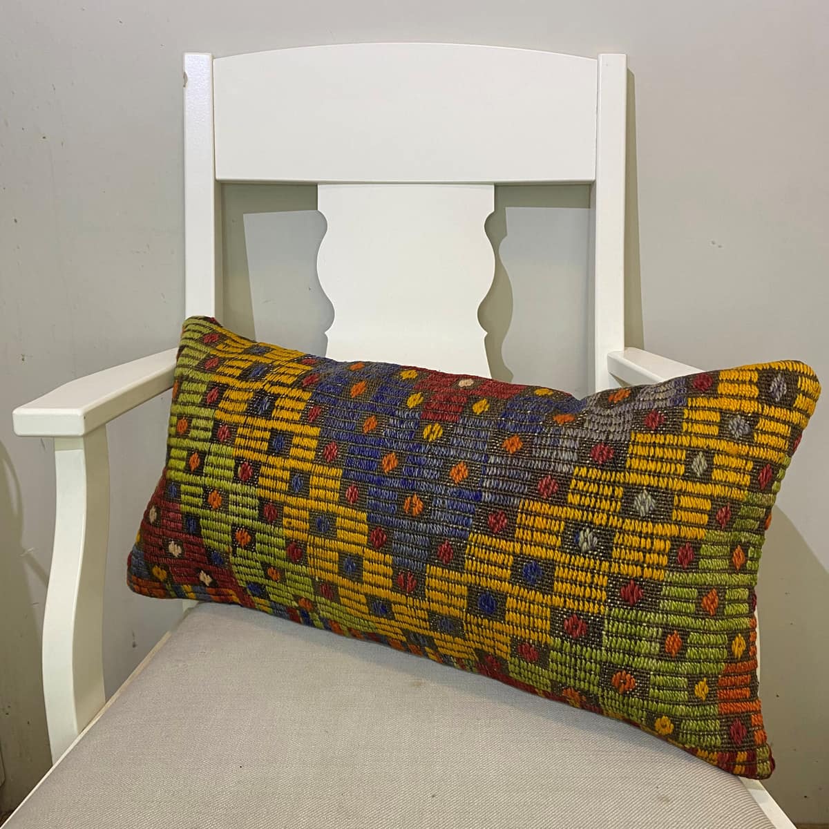 Hand-Woven Patchwork Pillowcase, vintage rug, Kilim, hand-knotted cotton, size 30 × 60 cm, from Gördes