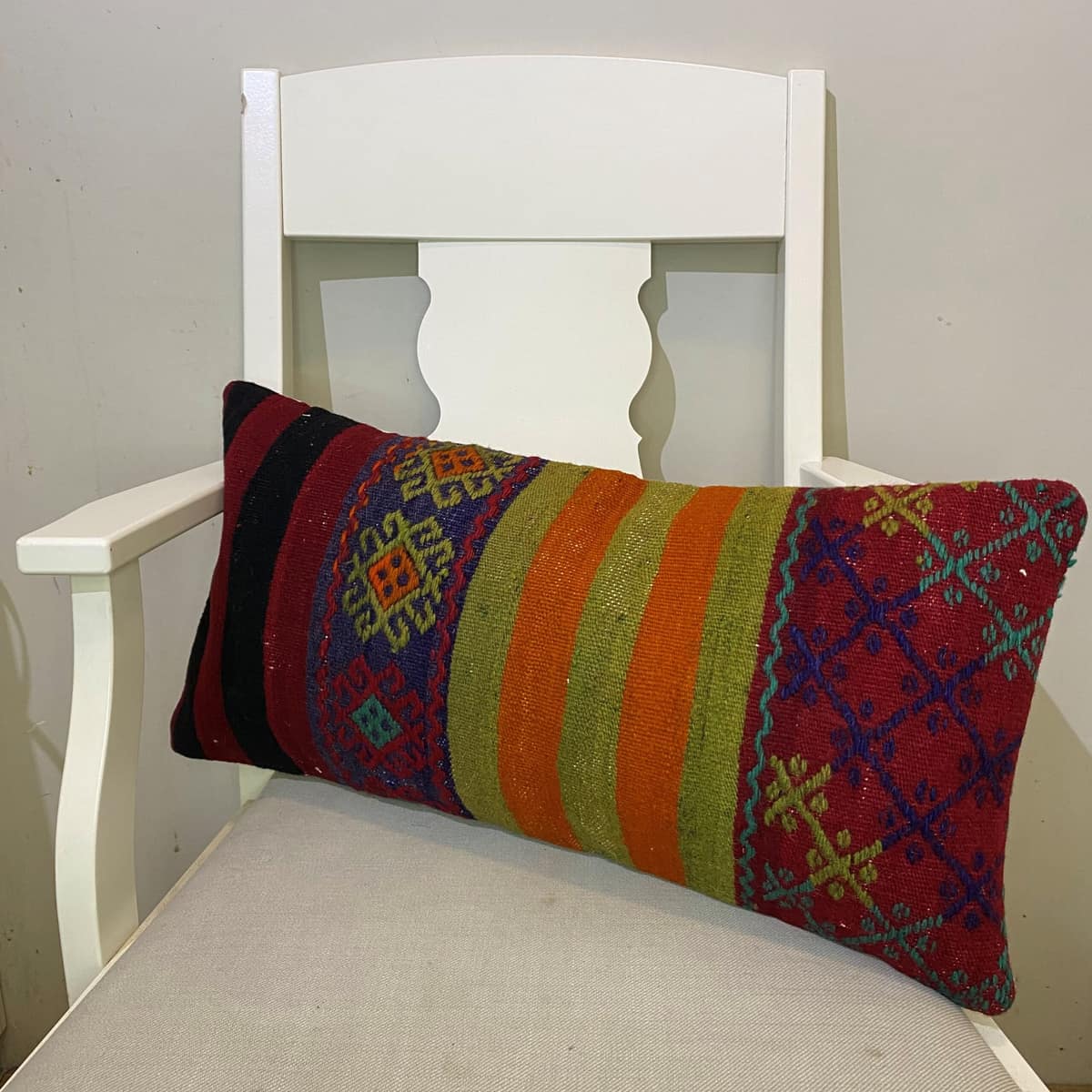 Hand-Woven Patchwork Pillowcase, vintage rug, Kilim, hand-knotted wool, cotton & silk, size 30 × 60 cm, from Milas