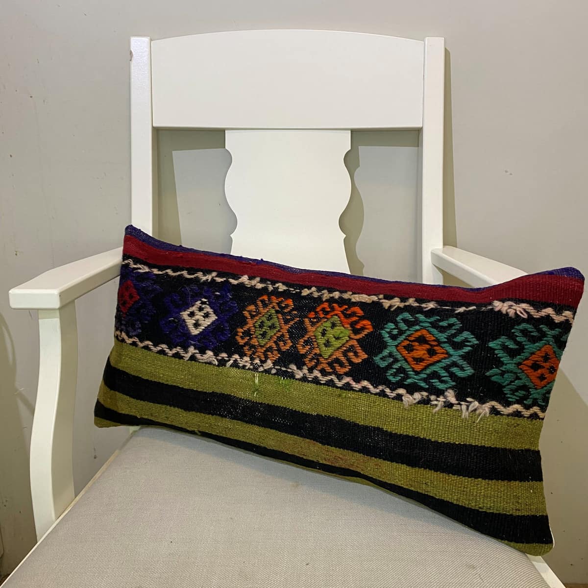Hand-Woven Patchwork Pillowcase, vintage rug, Kilim, hand-knotted cotton, size 30 × 60 cm, from Milas