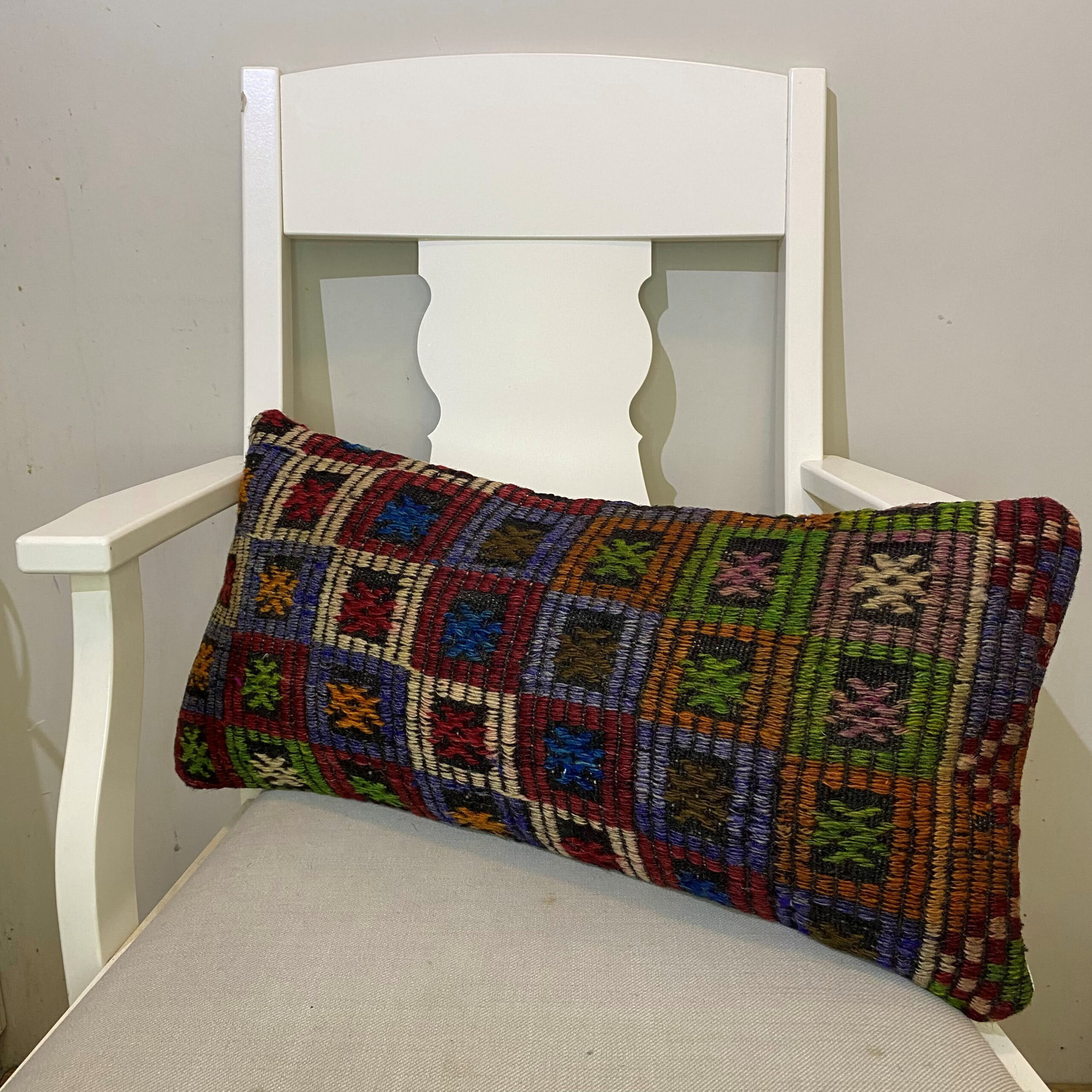 Hand-Woven Patchwork Pillowcase, vintage rug, Kilim, hand-knotted wool & cotton, size 30 × 60 cm, from Bursa