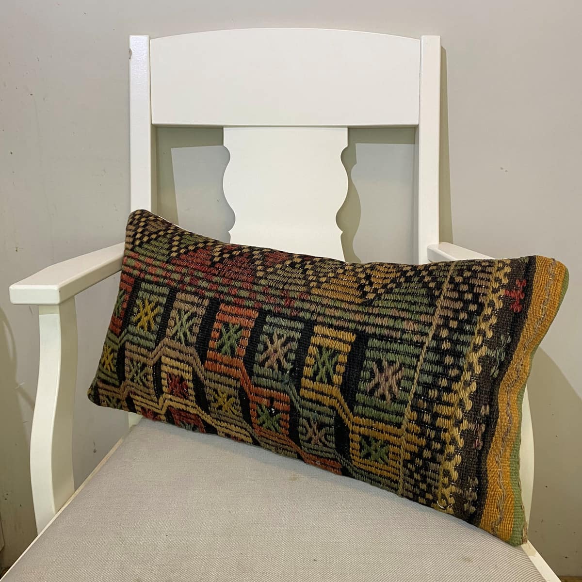Hand-Woven Patchwork Pillowcase, vintage rug, Kilim, hand-knotted cotton, size 30 × 60 cm, from Manisa