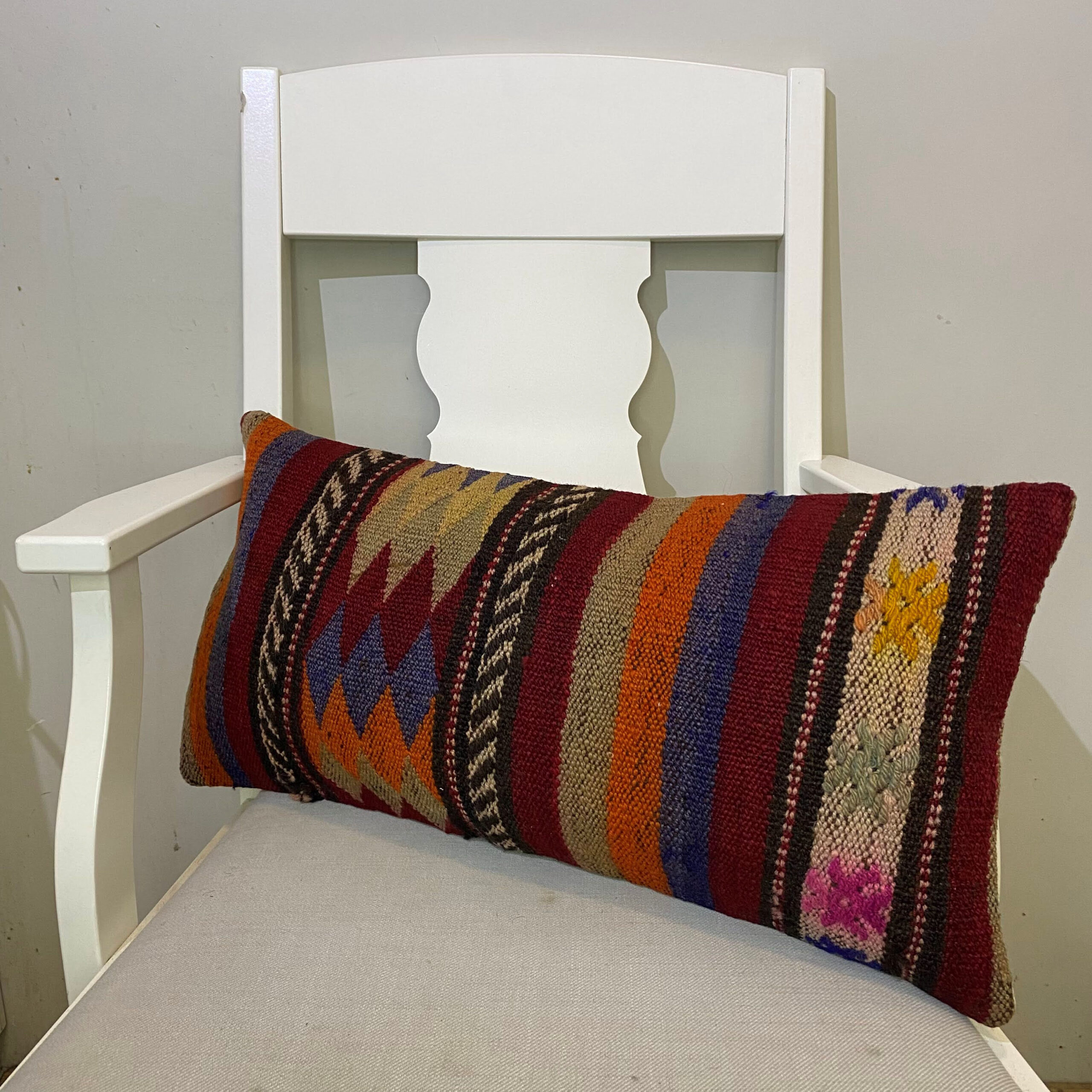 Hand-Woven Patchwork Pillowcase, vintage rug, Kilim, hand-knotted wool, size 30 × 60 cm, from Cappadocia