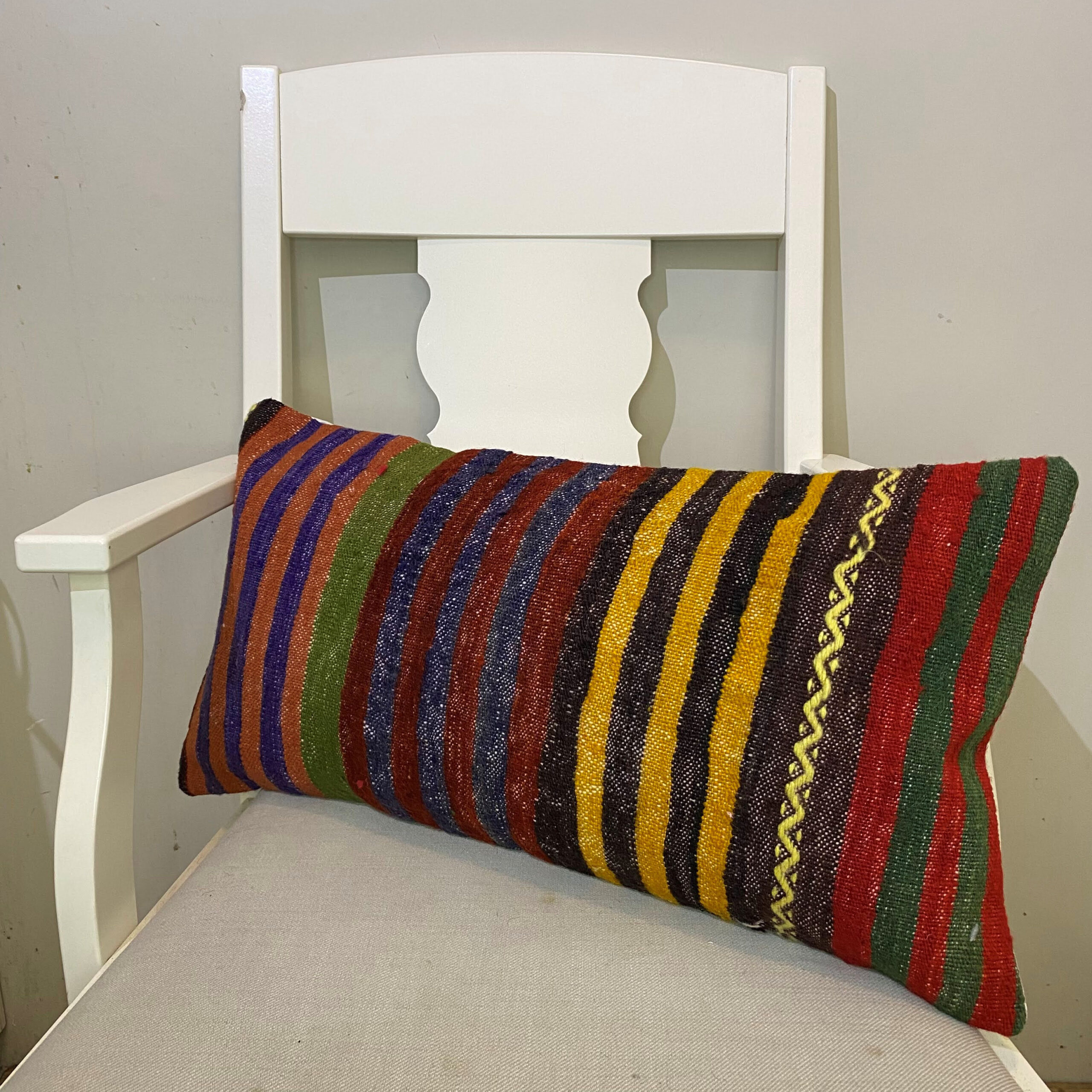Hand-Woven Patchwork Pillowcase, vintage rug, Kilim, hand-knotted wool & cotton, size 30 × 60 cm, from Bergama