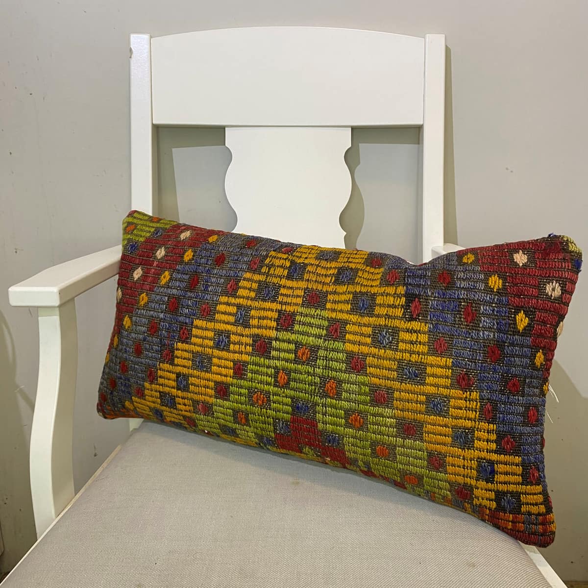 Hand-Woven Patchwork Pillowcase, vintage rug, Kilim, hand-knotted wool & silk, size 30 × 60 cm, from Kars