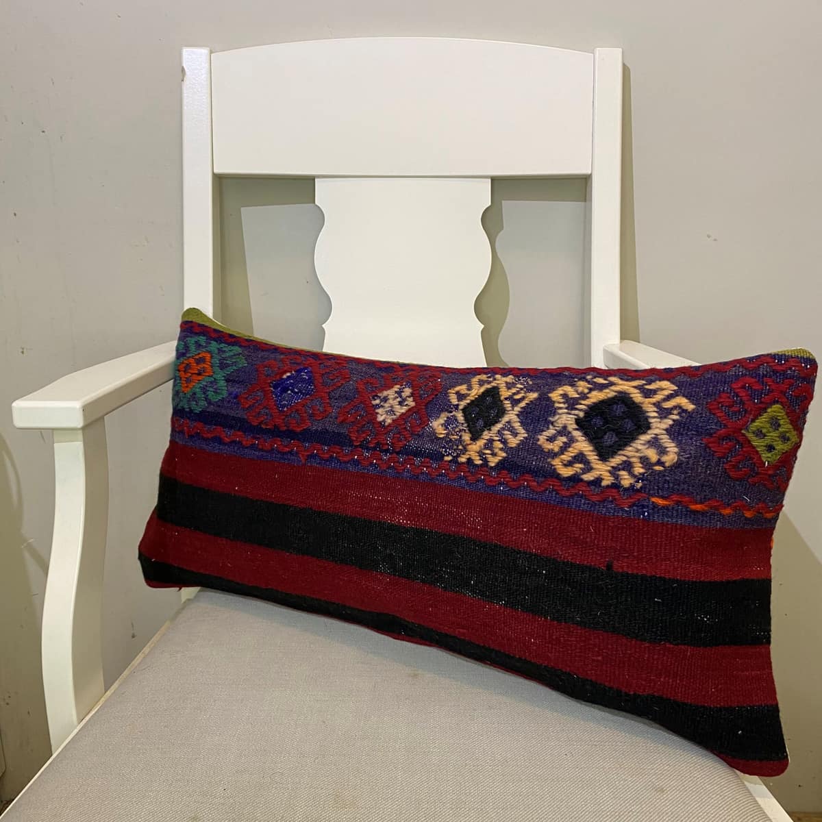 Hand-Woven Patchwork Pillowcase, vintage rug, Kilim, hand-knotted wool & silk, size 30 × 60 cm, from Gaziantep