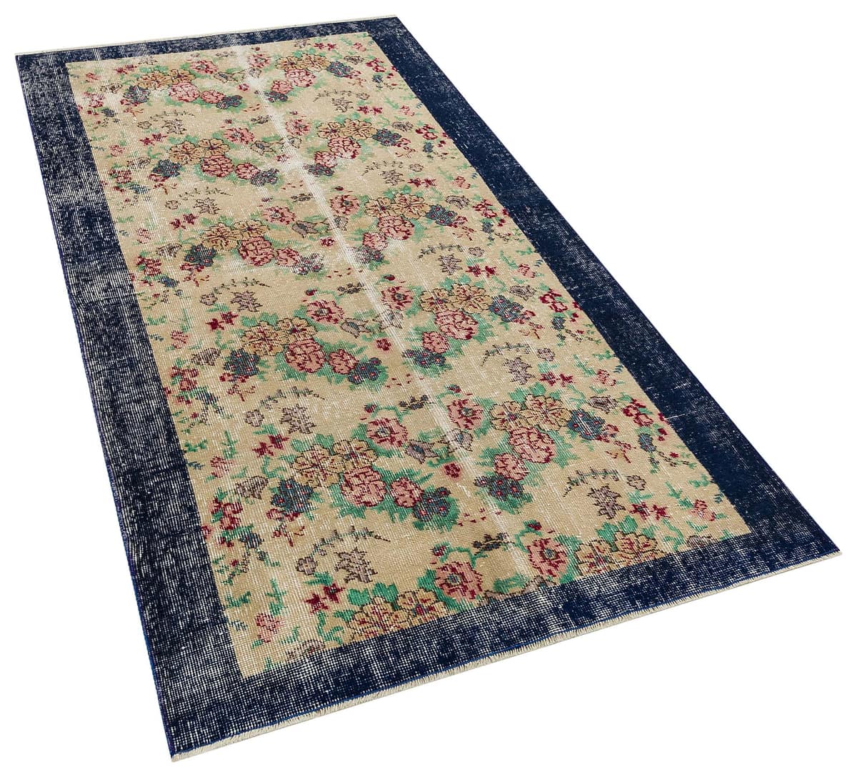 Handwoven Vintage Distressed Rug, vintage rug, Handmade, hand-knotted wool, cotton & silk, size 110 × 200 cm, from Kars