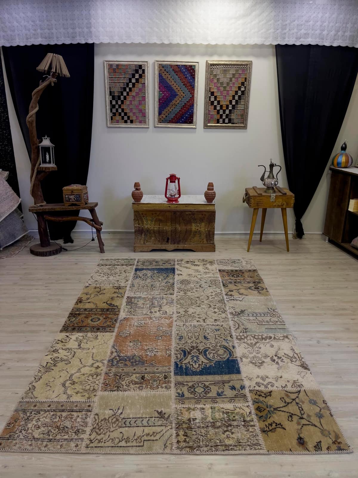Hand-Woven Distressed Special Patchwork Rug — detail view 3, handmade vintage rug