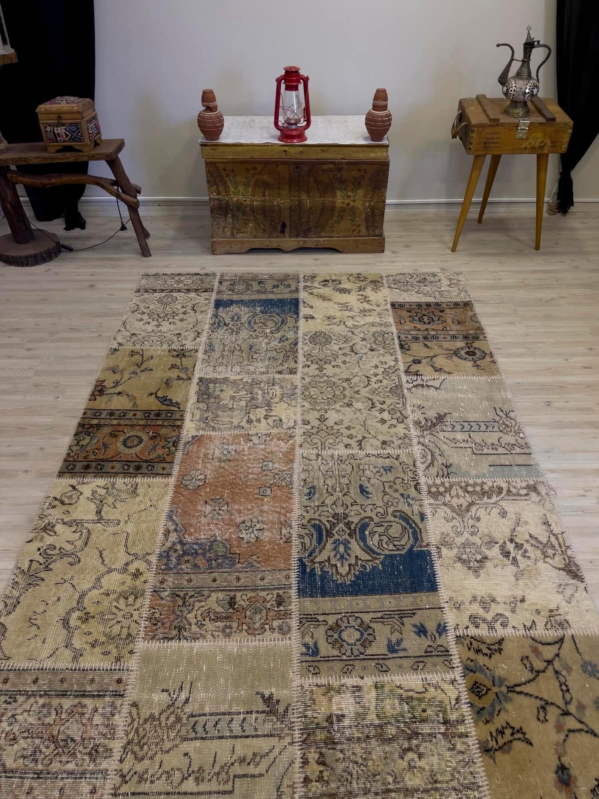 Hand-Woven Distressed Special Patchwork Rug, vintage rug, Handmade, hand-knotted wool & cotton, size 160 × 230 cm, from Gördes