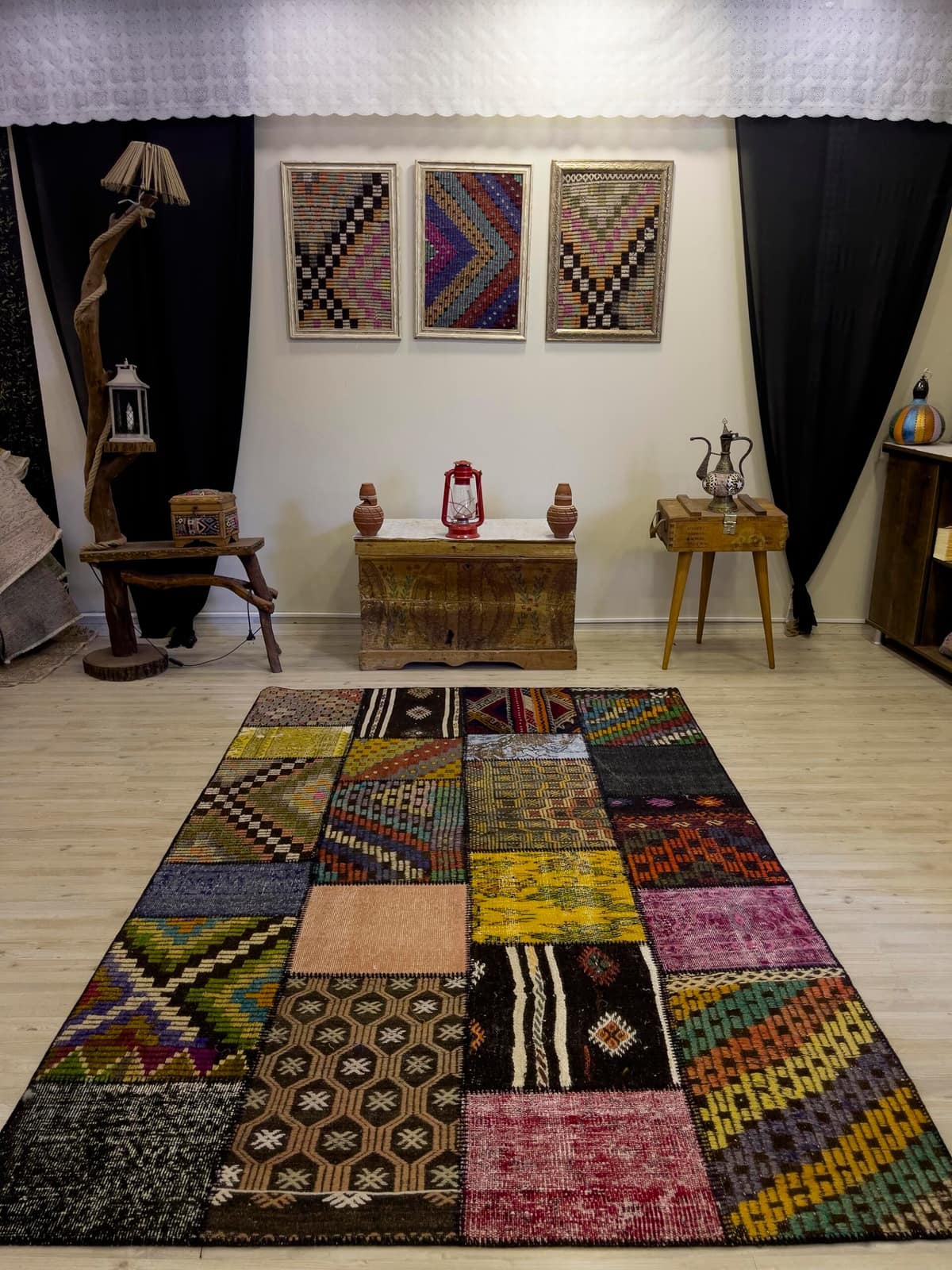 Modern, One-of-a-Kind Custom Patchwork Rug, vintage rug, Handmade, hand-knotted wool & silk, size 162 × 240 cm, from Ladik