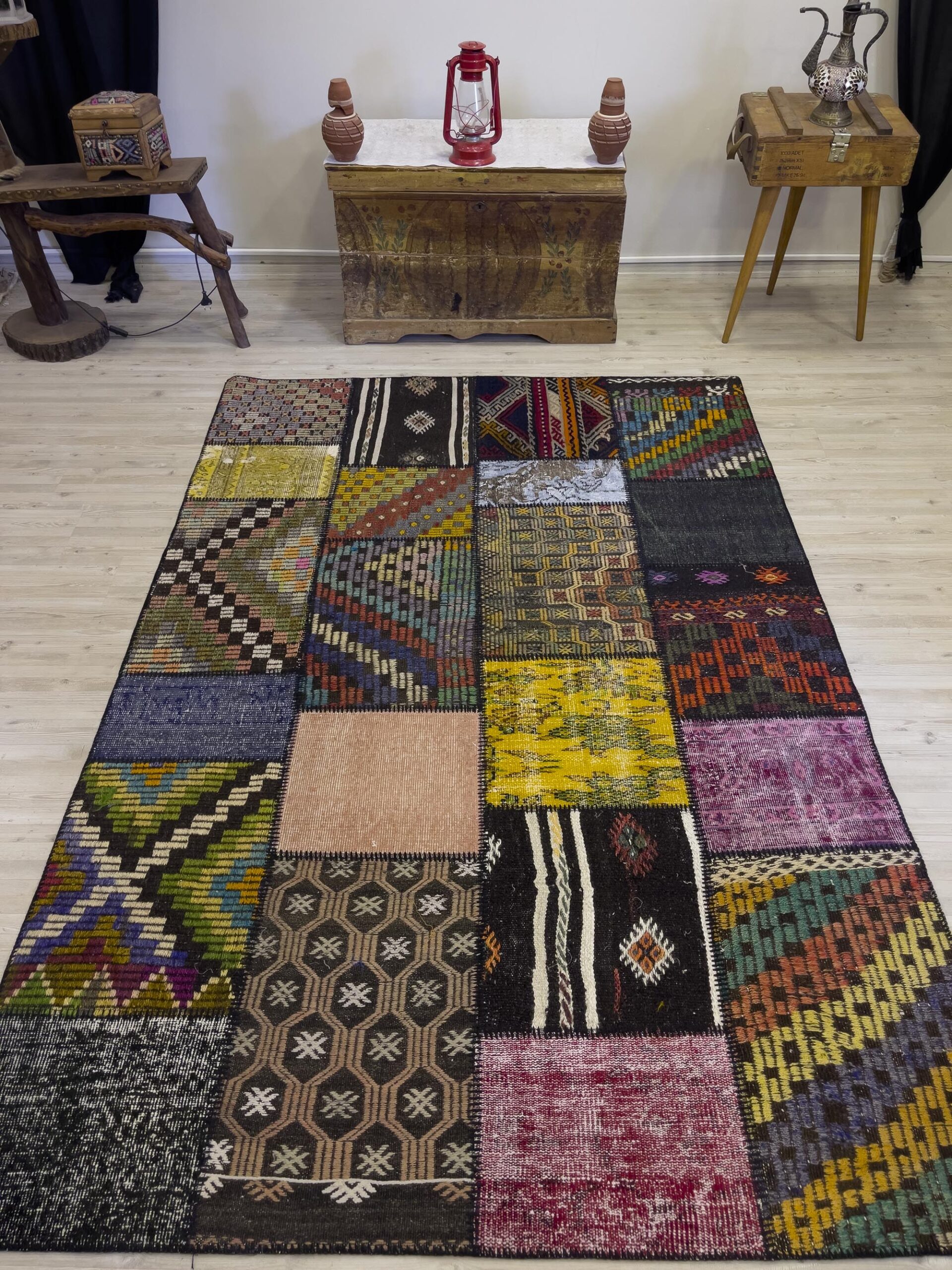Modern, One-of-a-Kind Custom Patchwork Rug — detail view 2, handmade vintage rug