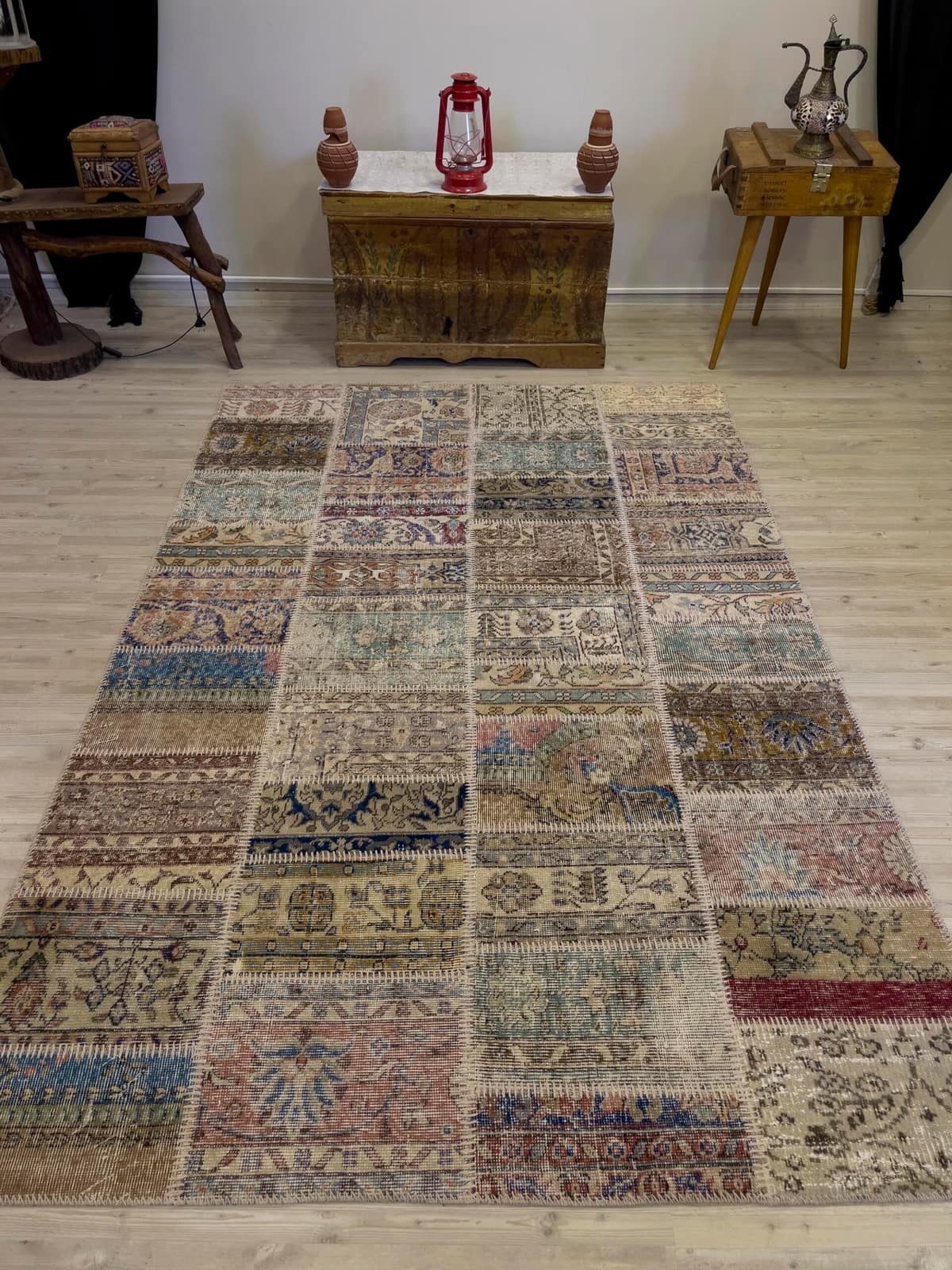 Modern, One-of-a-Kind Custom Patchwork Rug, vintage rug, Handmade, hand-knotted wool & cotton, size 162 × 243 cm, from Oushak