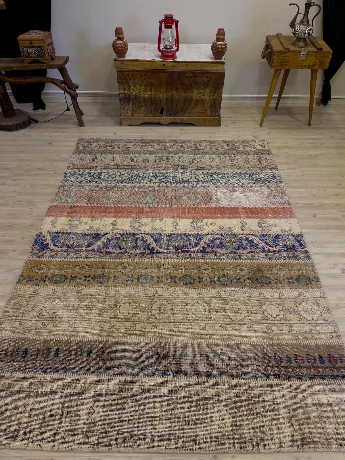 Unique Handwoven Patchwork Rug, vintage rug, Handmade, hand-knotted wool & cotton, size 161 × 232 cm, from Bergama