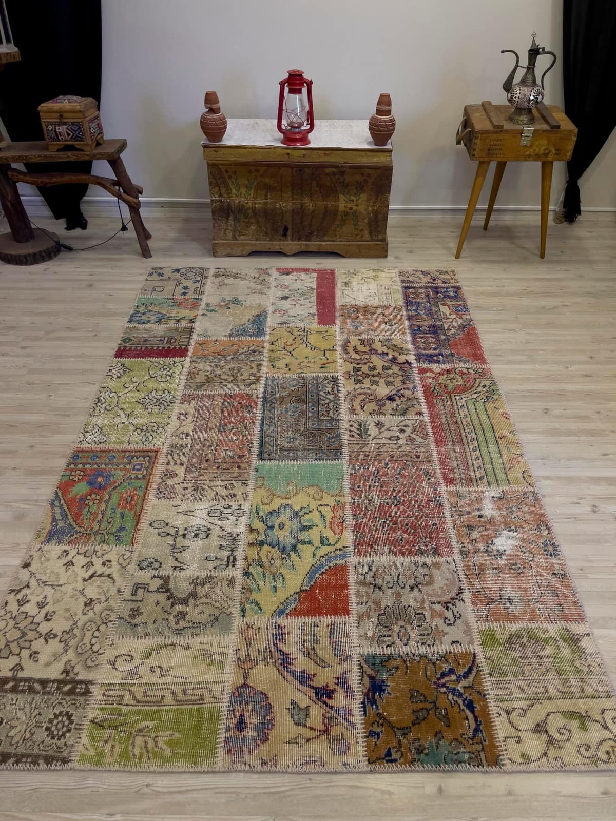 Hand-Woven Distressed Special Patchwork Rug, vintage rug, Handmade, hand-knotted silk, size 153 × 231 cm, from Isparta