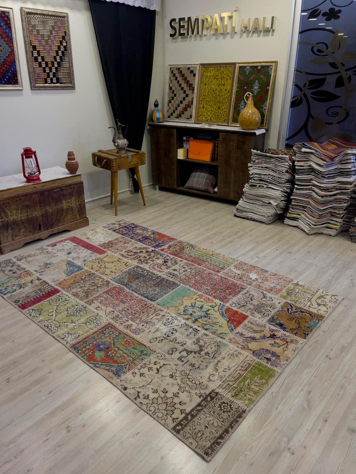 Hand-Woven Distressed Special Patchwork Rug — detail view 5, handmade vintage rug