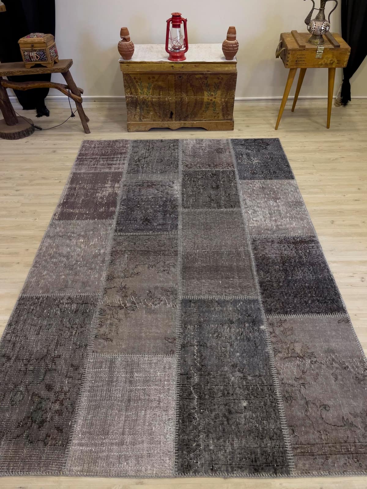 Hand-Woven Distressed Special Patchwork Rug, vintage rug, Handmade, hand-knotted wool & silk, size 162 × 244 cm, from Antalya