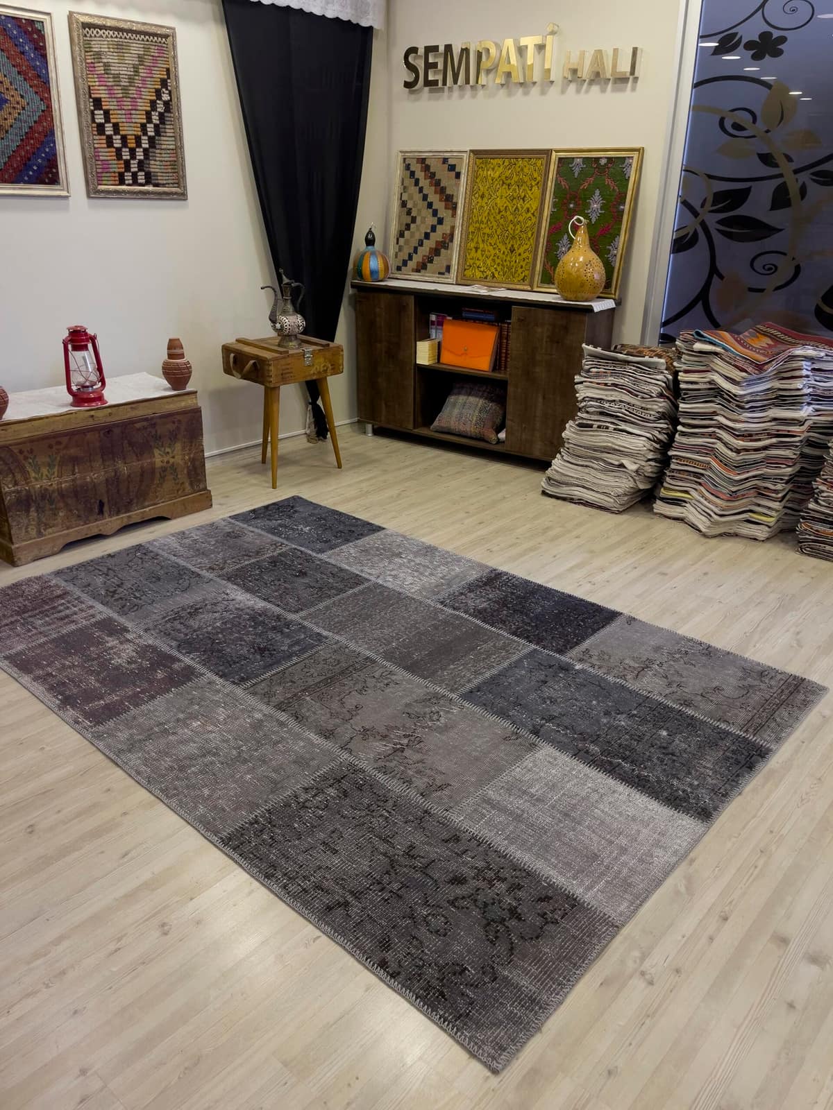 Hand-Woven Distressed Special Patchwork Rug — detail view 5, handmade vintage rug