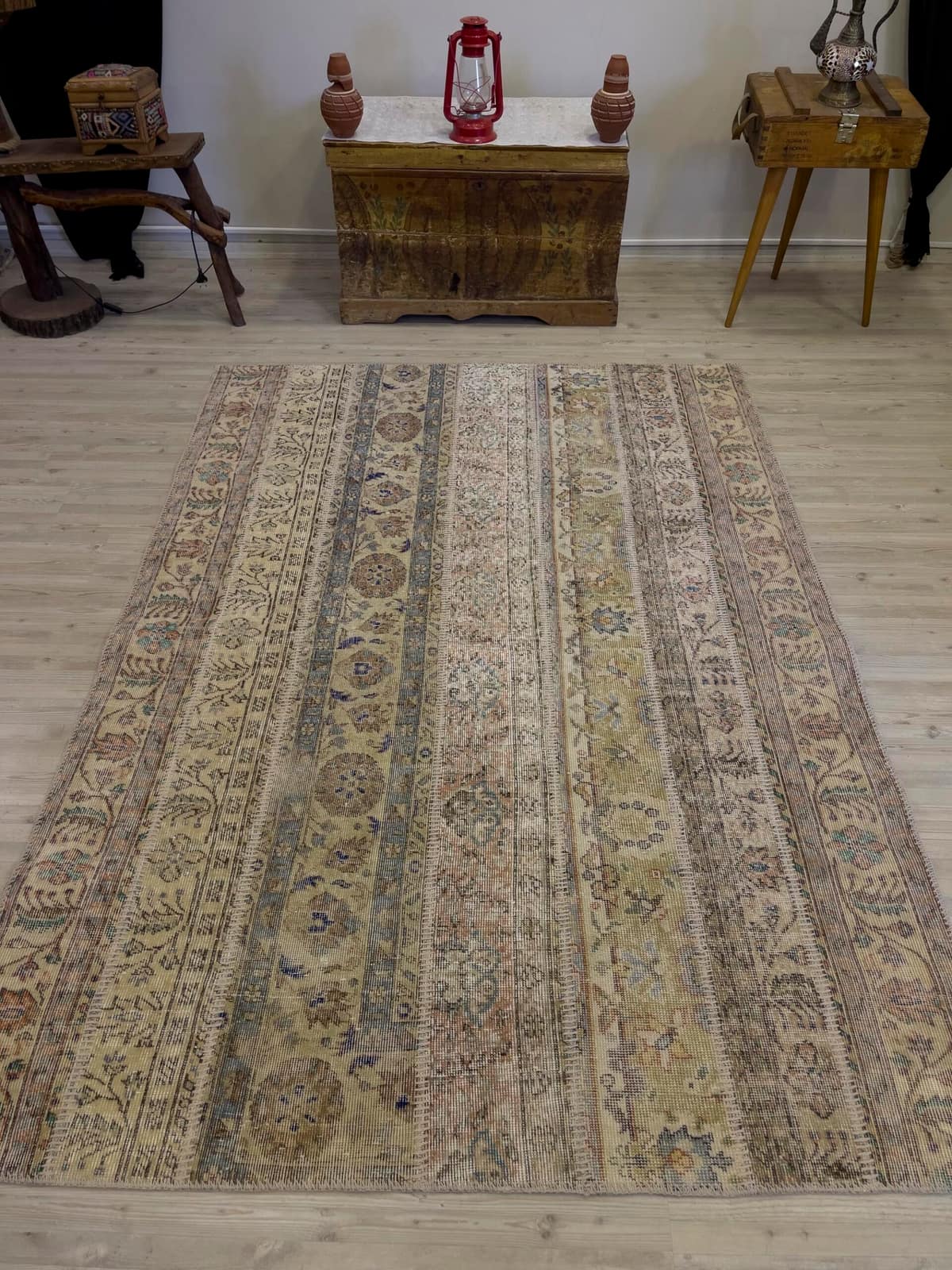 Hand-Woven Distressed Special Patchwork Rug, vintage rug, Handmade, hand-knotted wool, size 162 × 228 cm, from Gördes