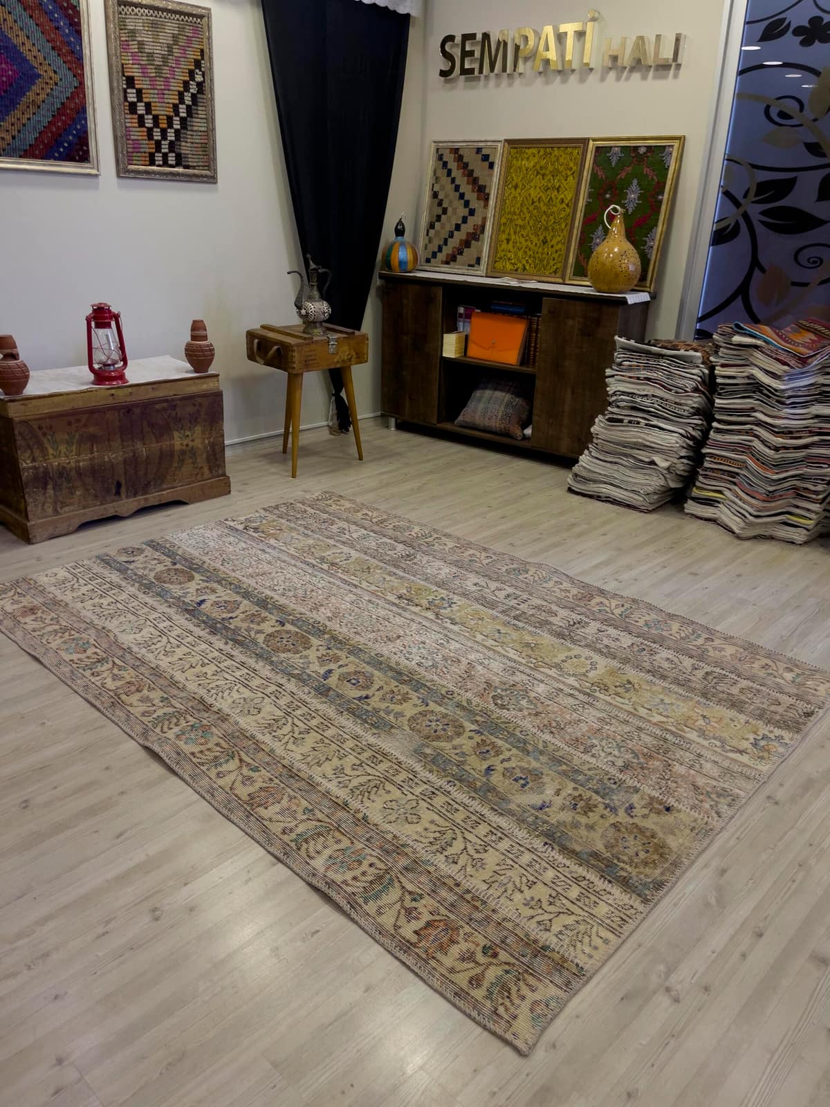 Hand-Woven Distressed Special Patchwork Rug — detail view 5, handmade vintage rug