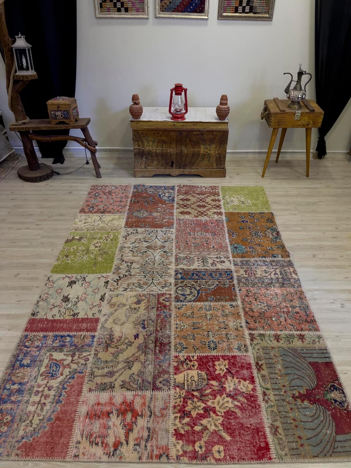 Hand-Woven, Distressed, Custom Patchwork Rug, vintage rug, Handmade, hand-knotted wool, cotton & silk, size 163 × 235 cm, from Van
