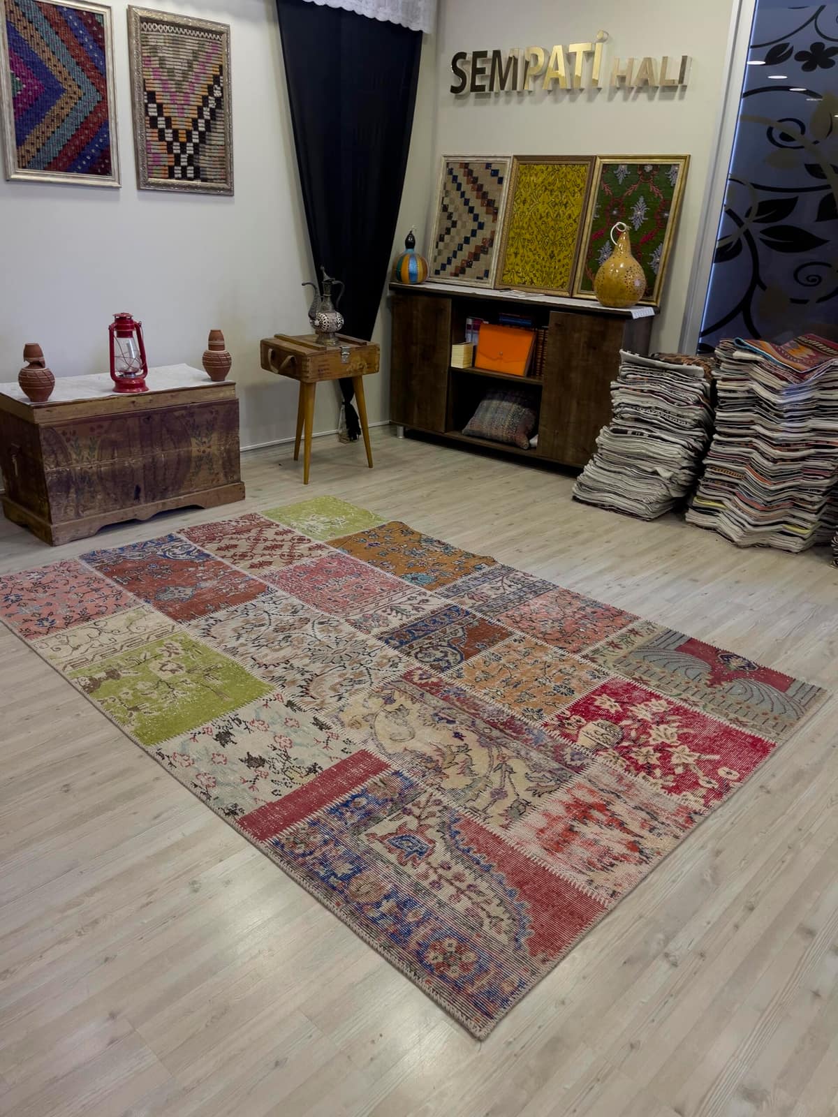 Hand-Woven, Distressed, Custom Patchwork Rug — detail view 5, handmade vintage rug