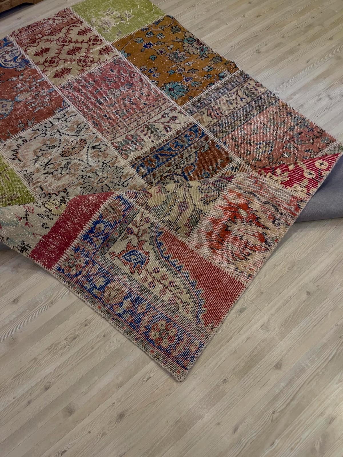 Hand-Woven, Distressed, Custom Patchwork Rug — detail view 2, handmade vintage rug