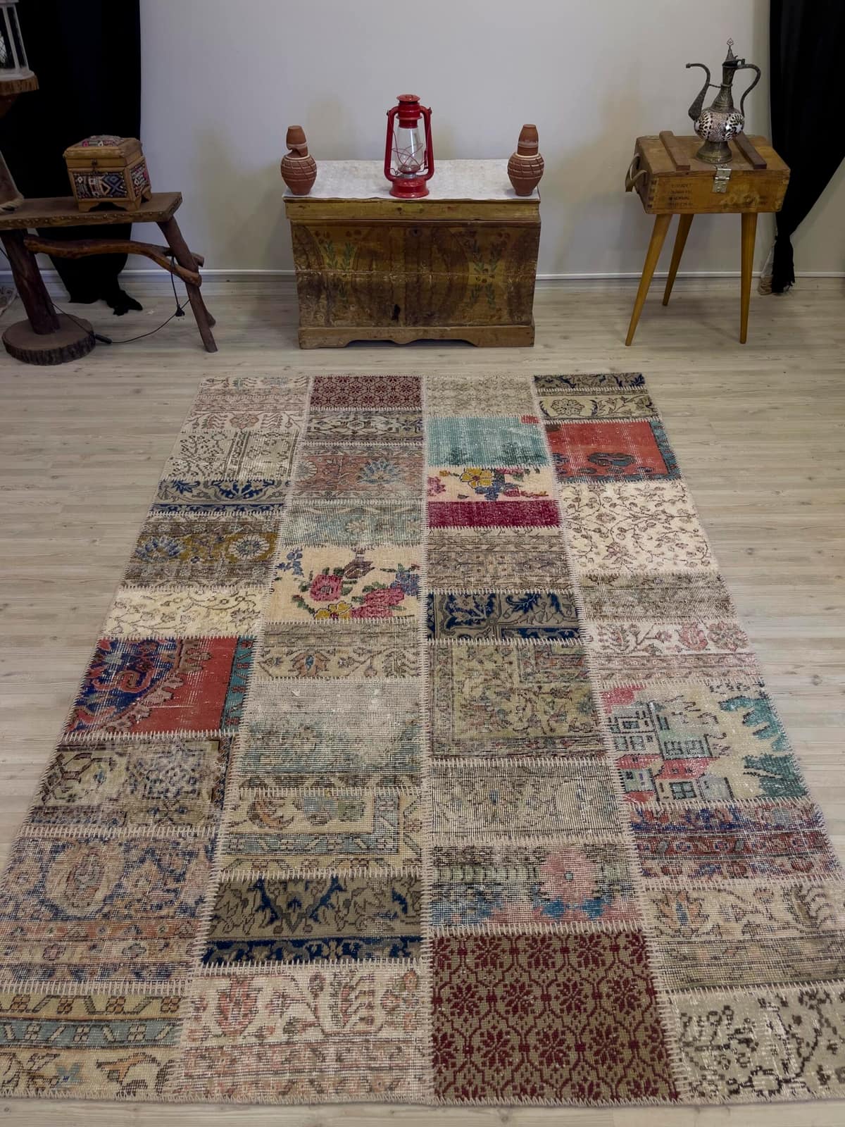 Unique Hand-Woven Patchwork Rug, vintage rug, Handmade, hand-knotted wool & silk, size 161 × 235 cm, from Hereke