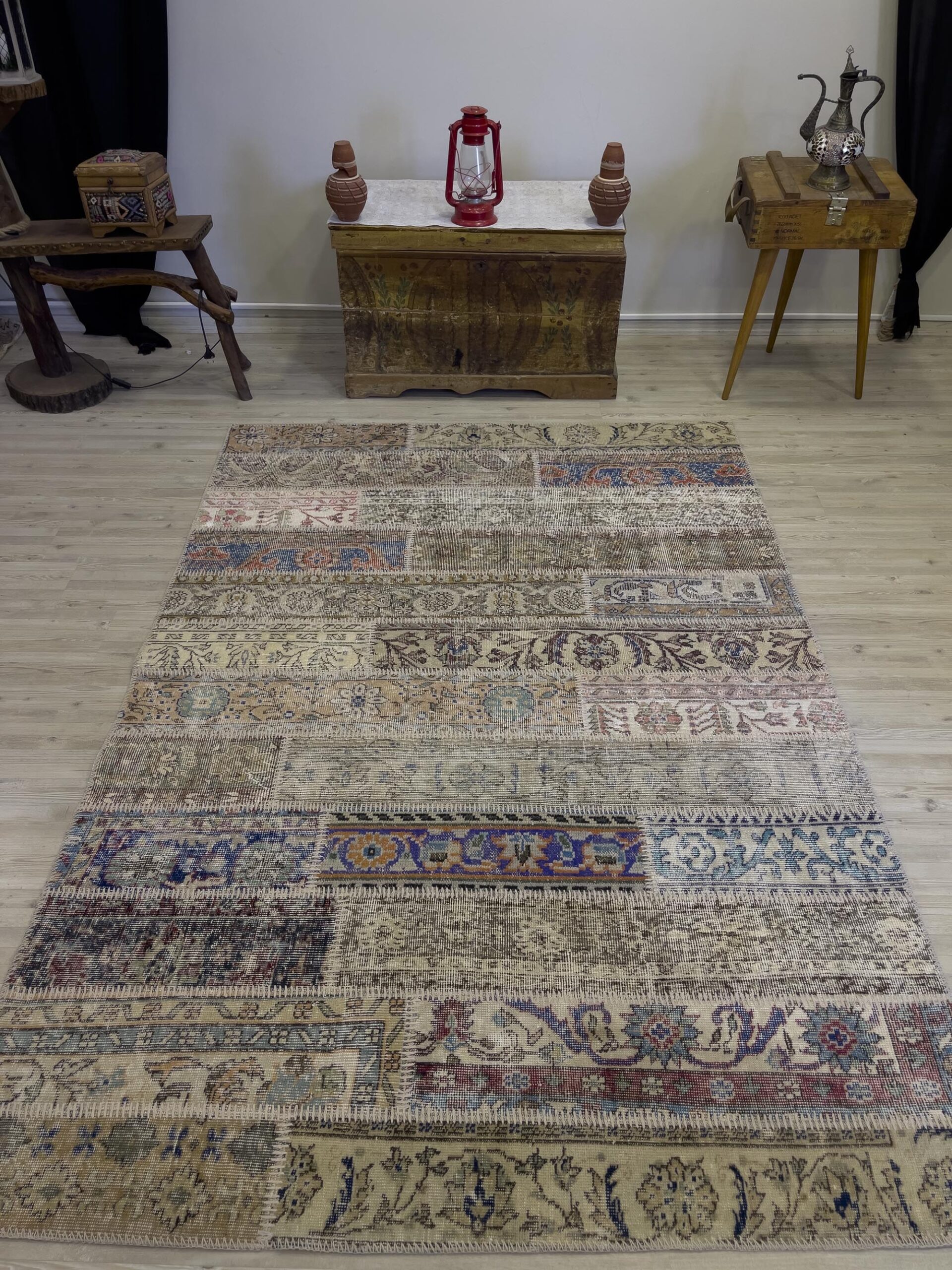 Hand-Woven Distressed Special Patchwork Rug, vintage rug, Handmade, hand-knotted wool & silk, size 161 × 234 cm, from Hereke